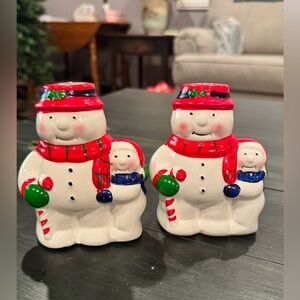 Set of 2 Vintage Christmas Ceramic Candle Holders Snowman